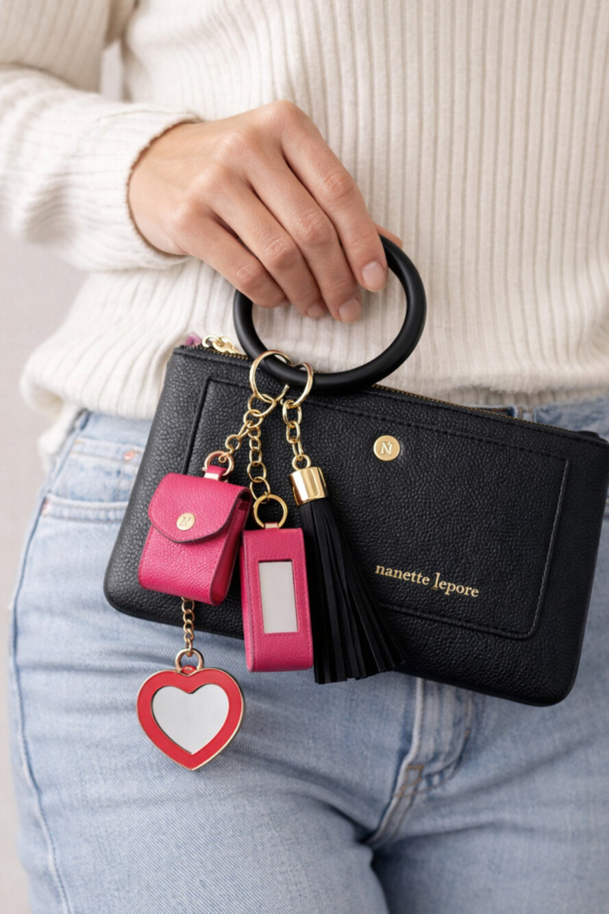 Nanette Lepore Black Leather Wristlet + Multi Charm System Accessories Set NWOT